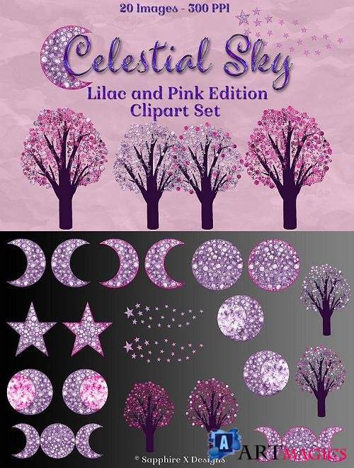 Celestial Sky Lilac and Pink Edition Clipart Set Moon Star - 410954
