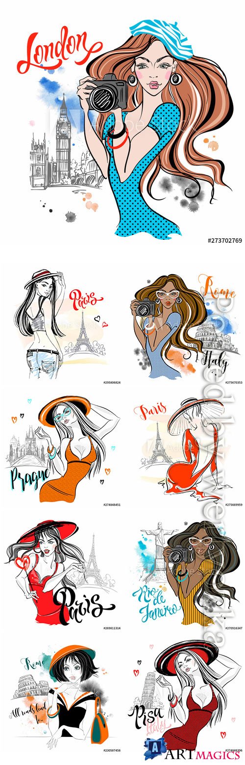 Girl tourist travels vector illustrations