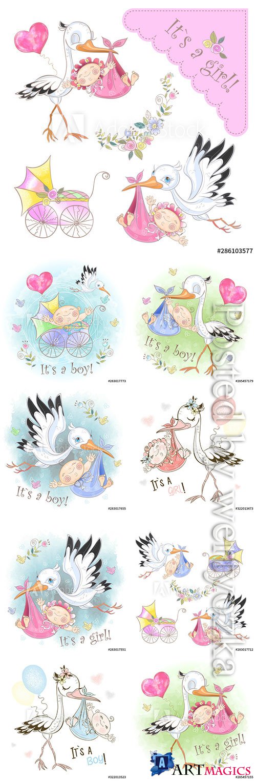 Stork with baby vector illustrations
