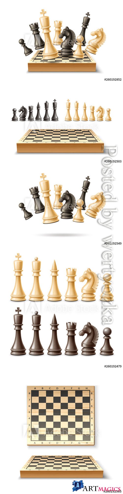 Realistic chess pieces and chessboard set vector illustrations