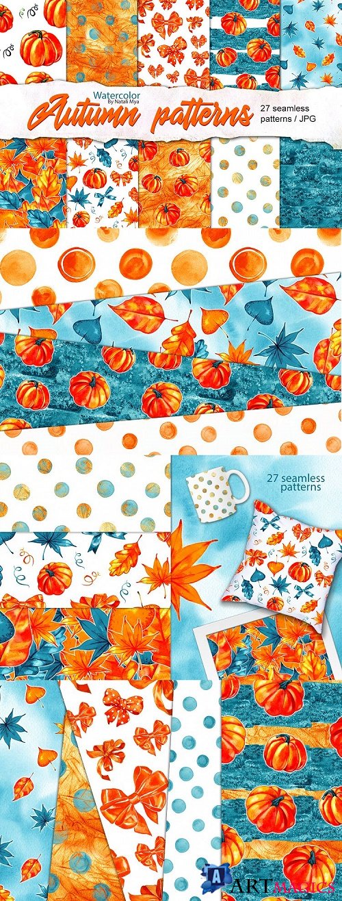 Watercolor autumn seamless patterns  - 35886