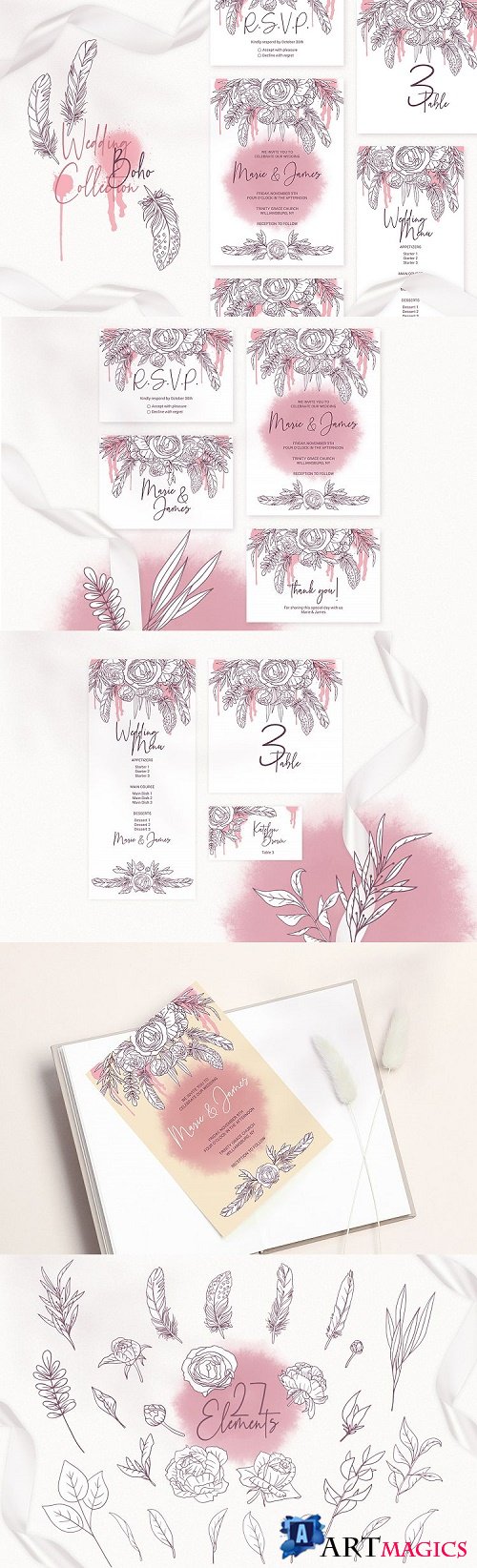 Boho Wedding Invitation Cards. Floral Printable Template - 457708