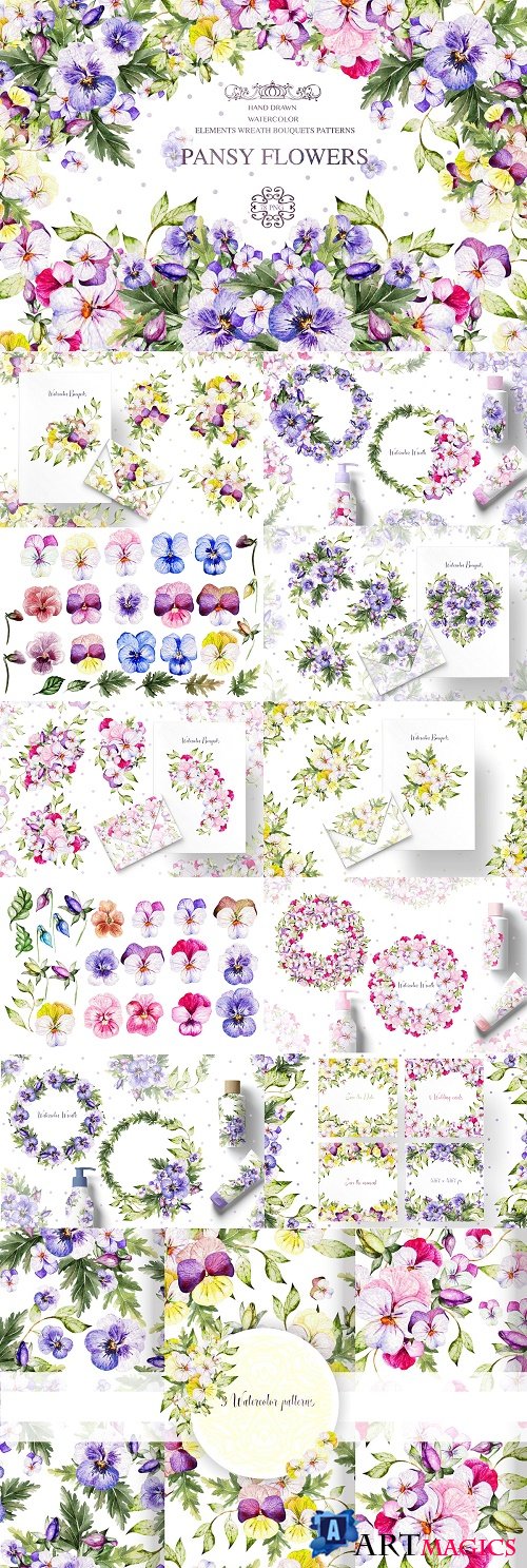 Watercolor PANSY FLOWERS - 4553877