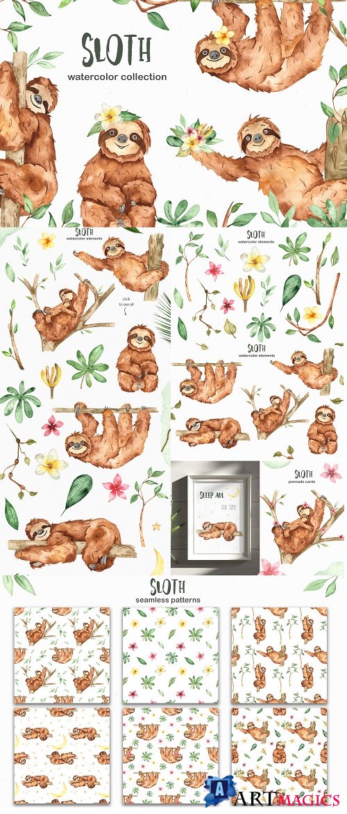 Cute sloth watercolor collection - 4557076