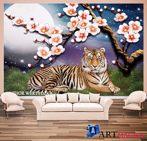 Tiger background wall decors, 3D models template PSD