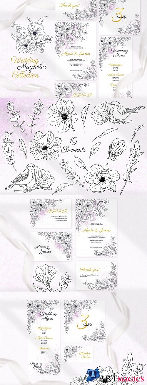 Magnolia Wedding Invitation Cards Floral Printable Templates - 460598