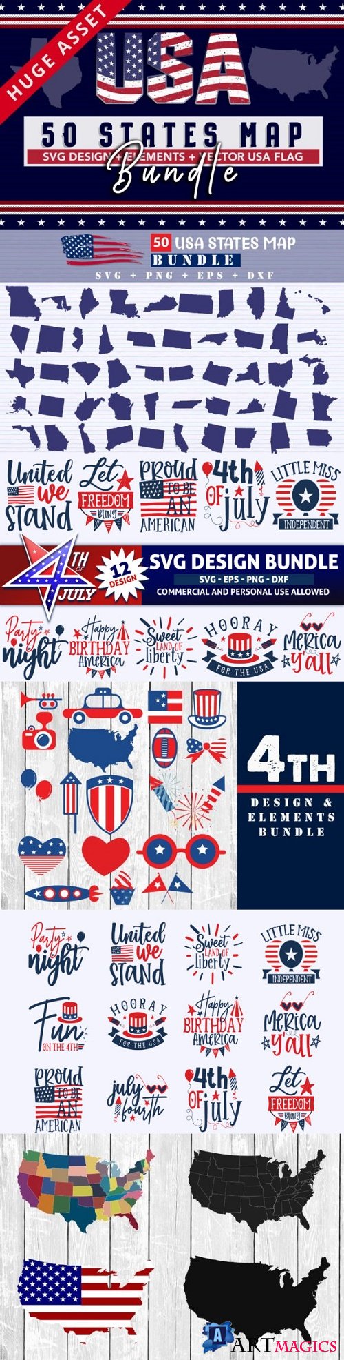 4th July, 50 USA States Map & Design