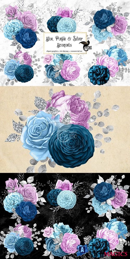 Blue Purple and Silver Bouquets Clipart - 463492