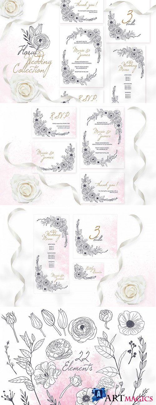 Floral Wedding Invitation Cards Templates Monochrome Graphic - 464584