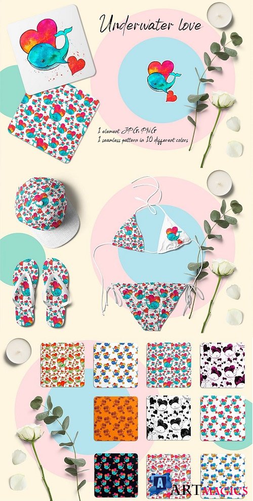 Dolphin and heart set of patterns and elements - 430978