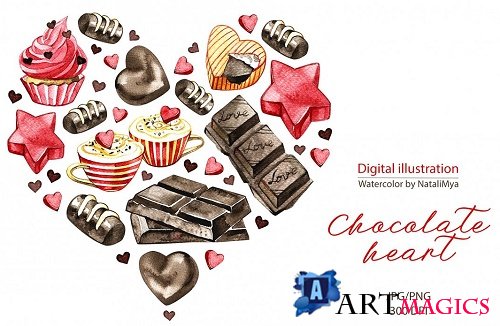 Watercolor chocolate heart. Digital clipart for printing - 291271