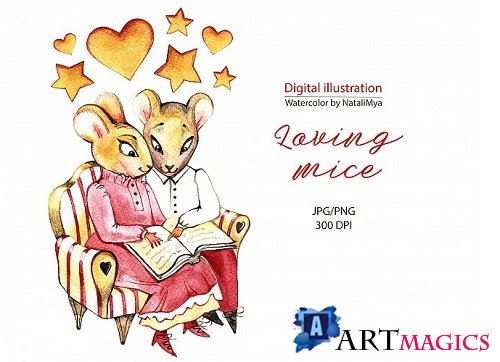 Watercolor loving mice read book  - 291290