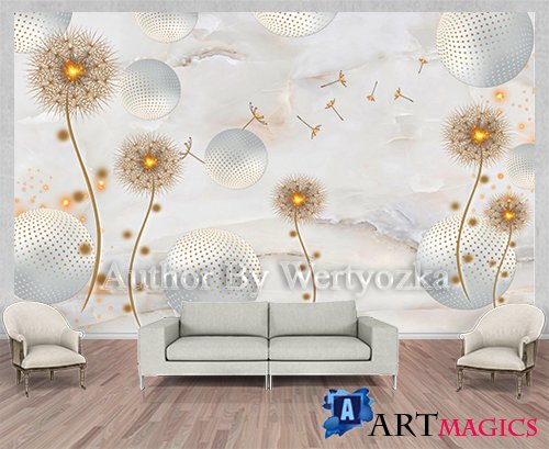 Gold dandelion background wall decors, 3D models template PSD