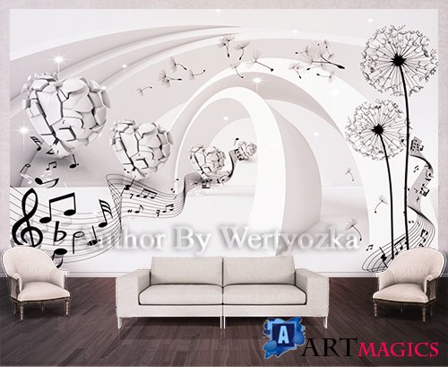 Dandelions and hearts background wall decors, 3D models template PSD