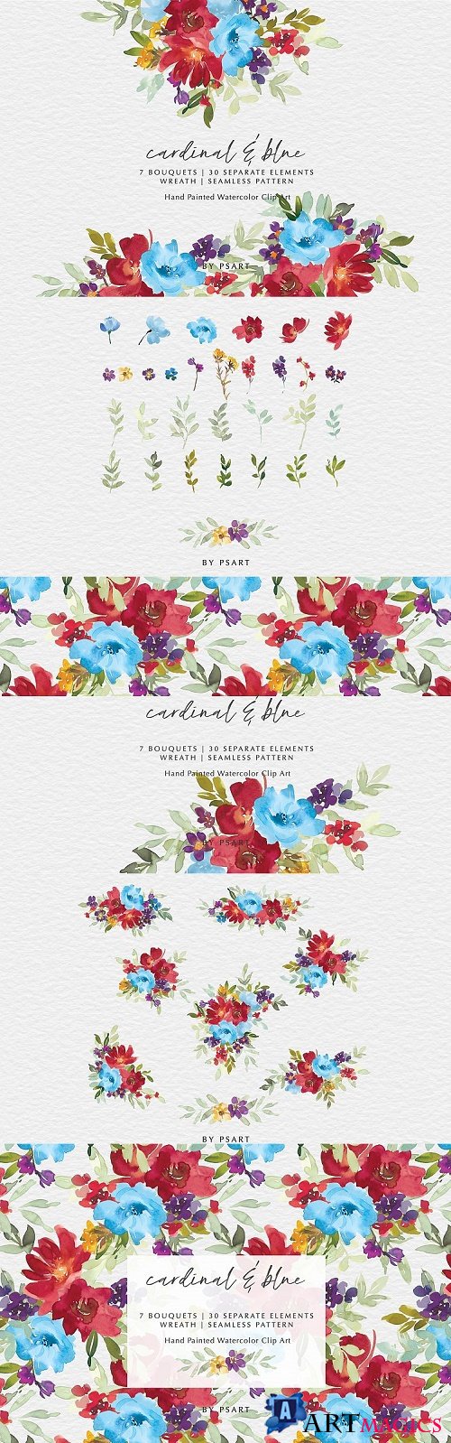 Cardinal & Blue Watercolor Floral Clipart Collection - 465776