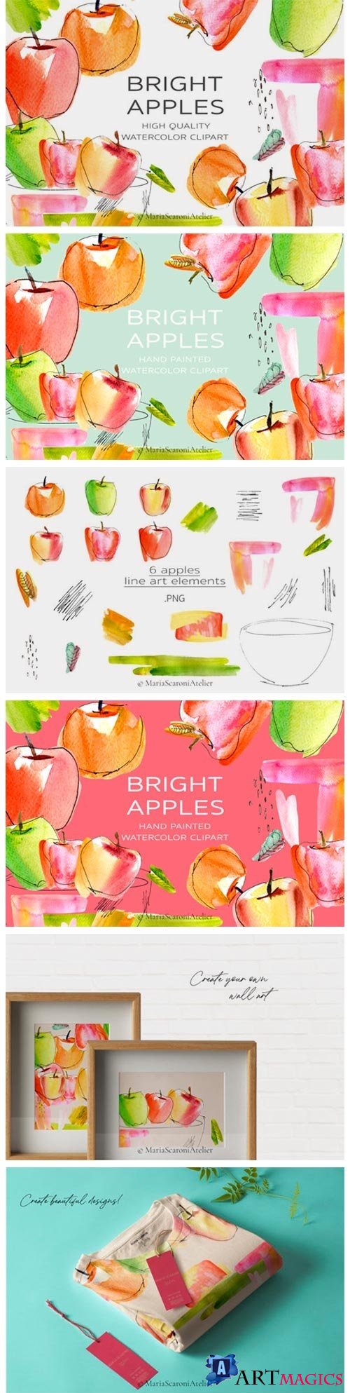 Watercolor Apple Clipart, Bright Apples