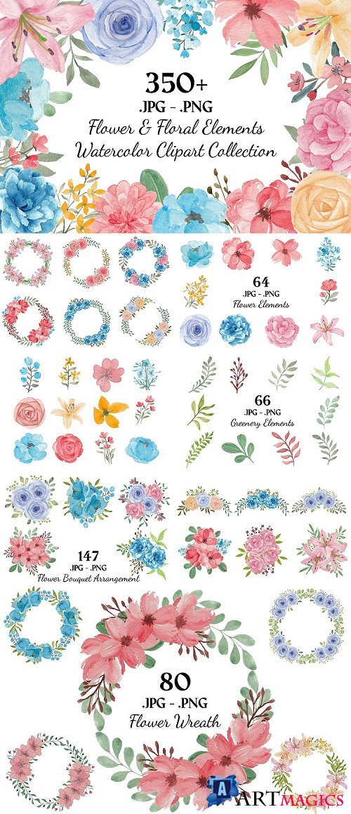 357 Flower and Floral Watercolor Illustration Clip Art  - 471027