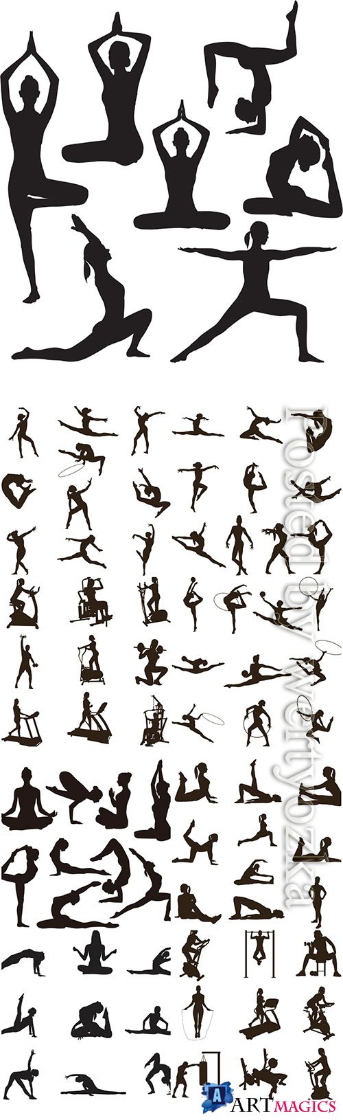 Silhouettes of women go in for sports, fitness, yoga