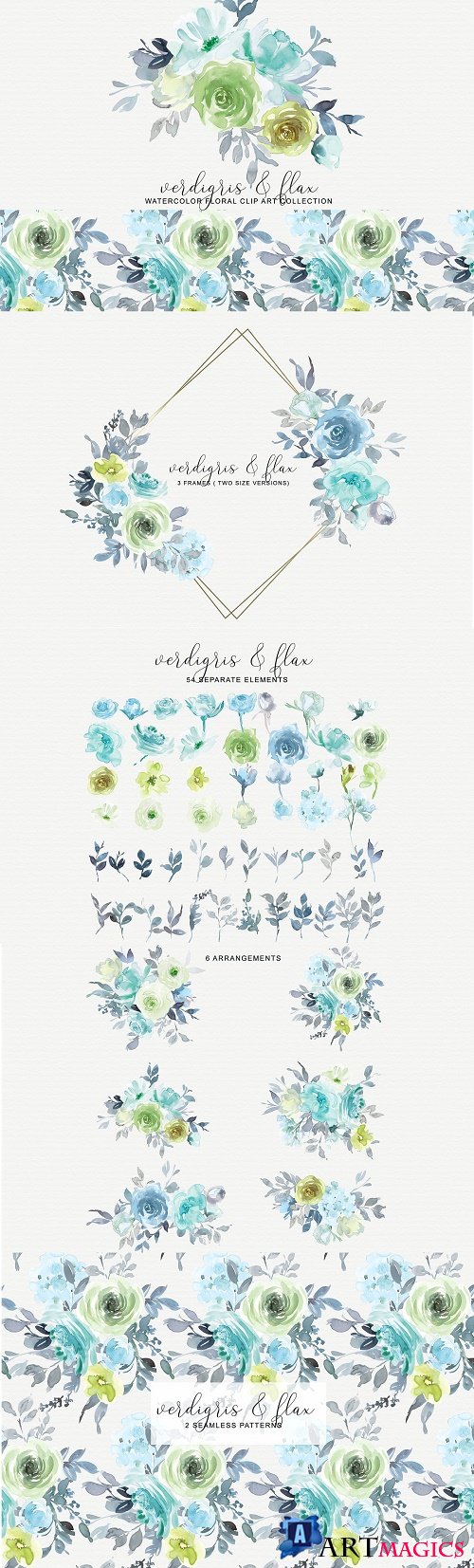Verdigris & Flax Floral Clipart - 4582600