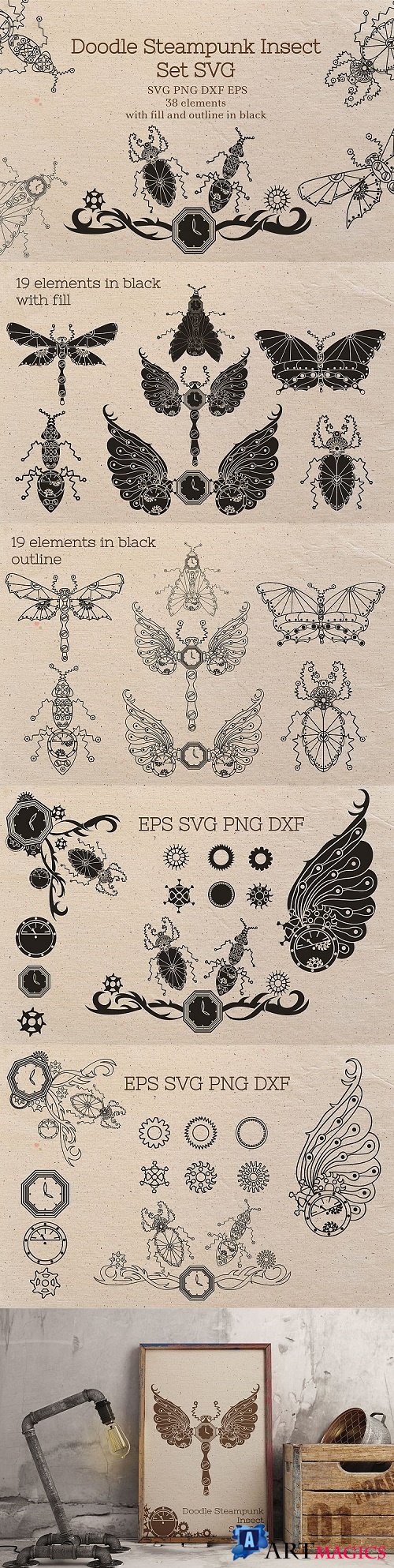 Doodle Steampunk Insect Set SVG  - 472464