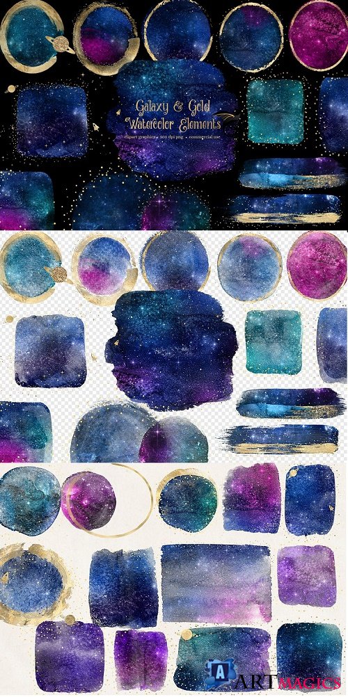 Galaxy and Gold Watercolor Elements Clipart - 465711