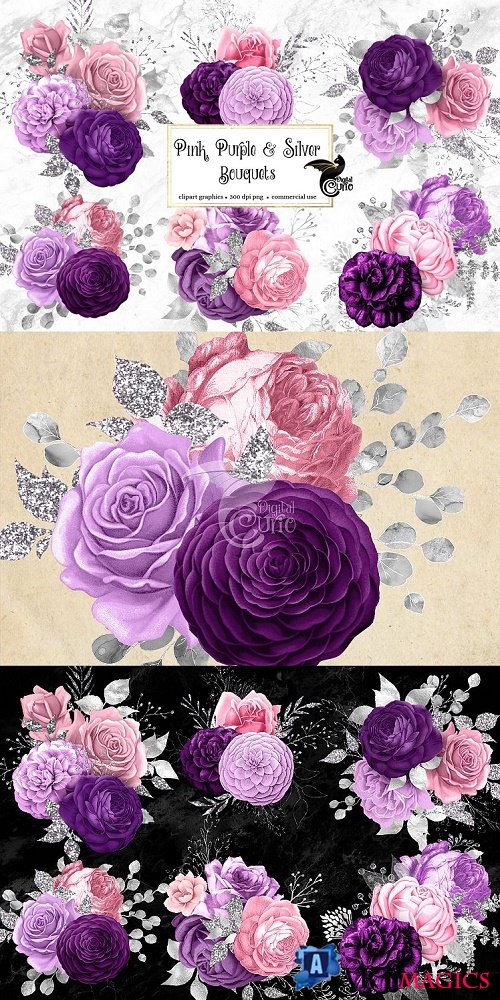 Pink Purple and Silver Bouquets Clipart - 476647