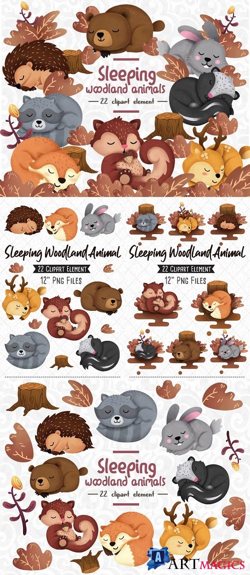 Sleeping Woodland animals Clipart set 1