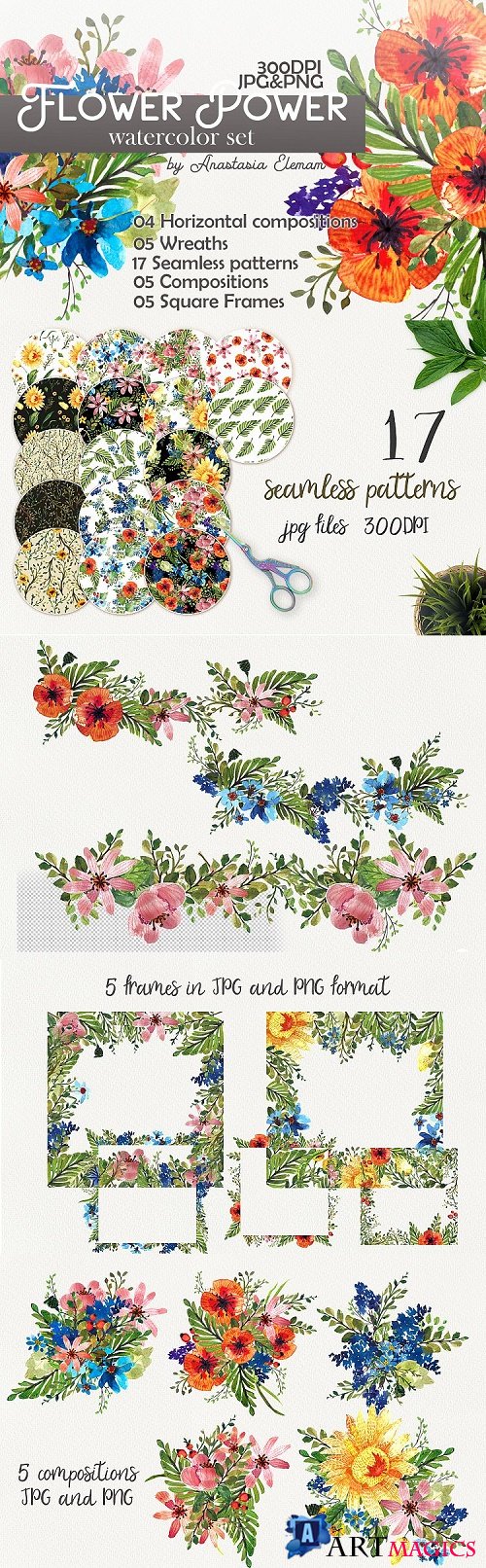 Flower Power watercolor pack set with frames wreath patterns  - 476730