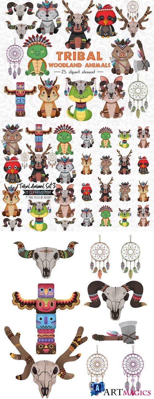 Tribal Woodland Animal Clipart Set 3