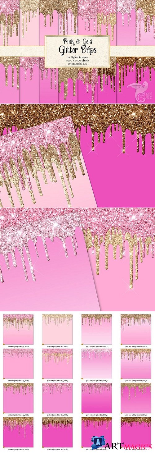 Pink and Gold Glitter Drips Digital Paper - 477180