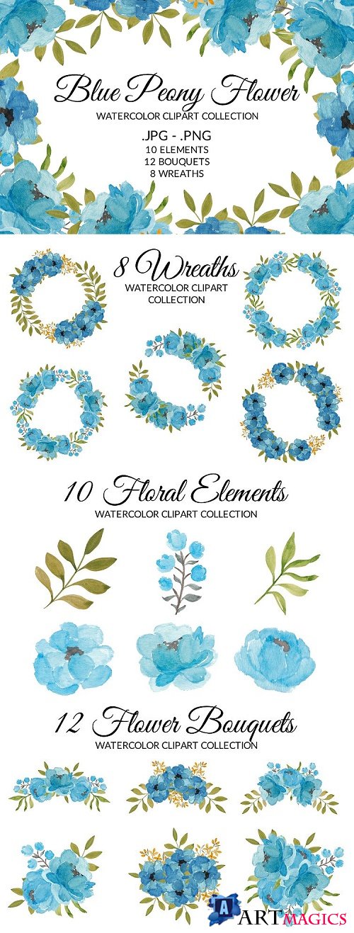 Blue Peony Flower Watercolor Clipart Collection  - 471004