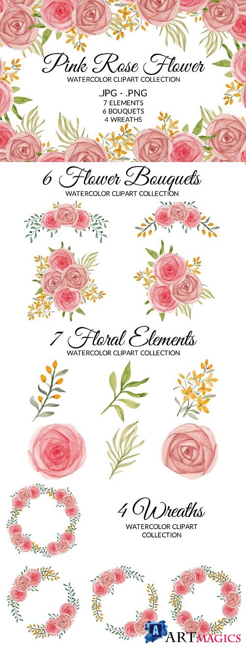 Pink Rose Floral Watercolor Clipart Collection - 471009