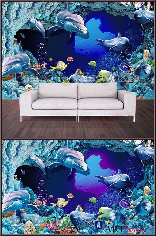 3D psd background wall dolphins and fish