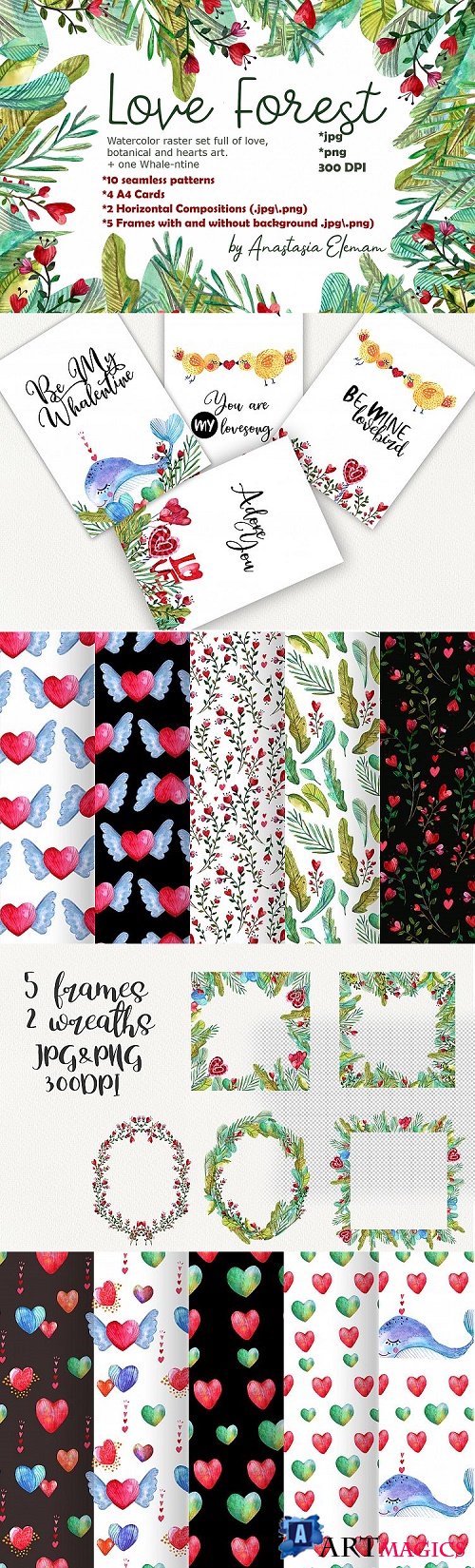 Love forest watercolor set with patterns, cards, wreaths - 476749