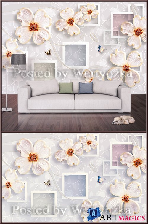 3D psd background wall flowers and butterflies