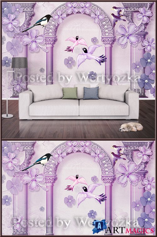 3D psd background wall birds and flowers