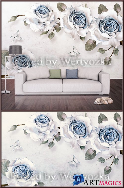 3D psd background wall blue and white roses