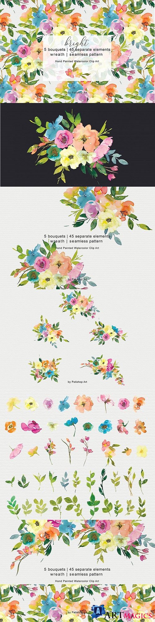 Colorful WatercolorSpring Flowers Clipart Set  - 479458