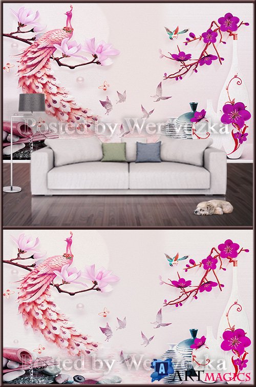 3D psd background wall peacock on a magnolia branch