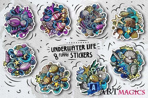 8 Funny Sea Life Vector Doodle Stickers Set  - 480230