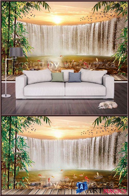 3D TIF background wall waterfall at sunset