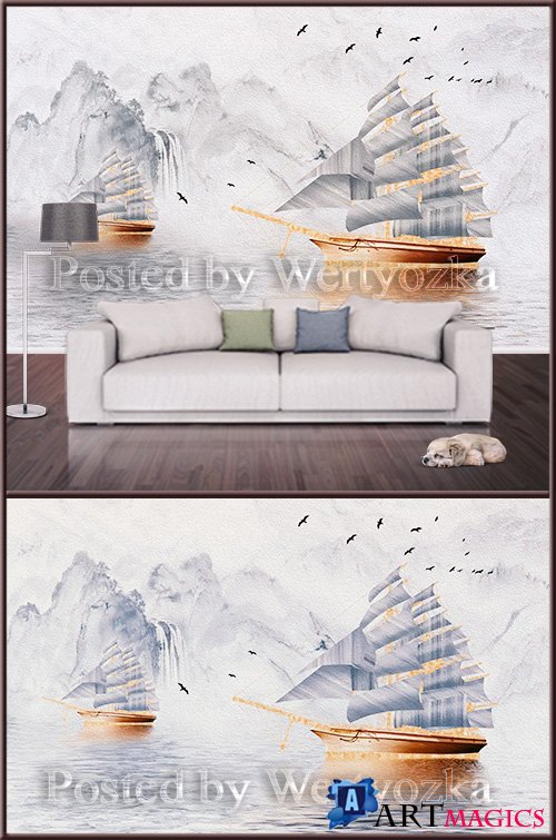 3D psd background wall sailboat