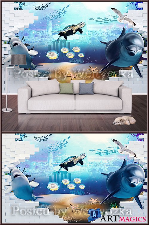 3D psd background wall sea world and dolphins