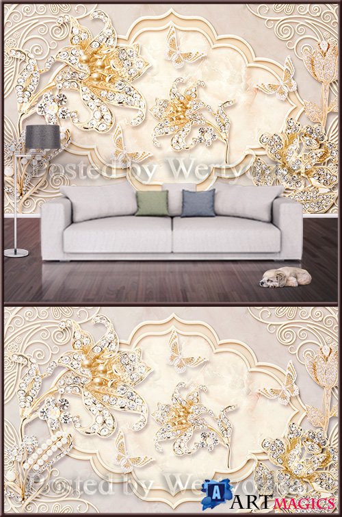 3D psd background wall lilies with diamonds