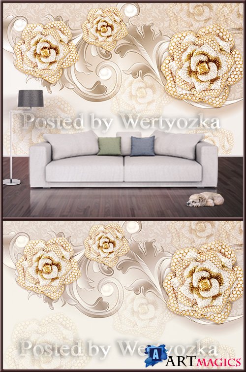 3D psd background wall roses with diamonds