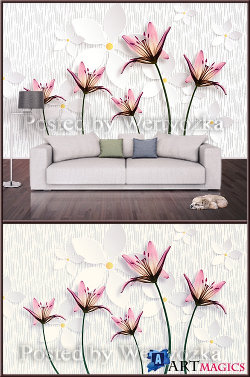 3D psd background wall pink lilies on a light