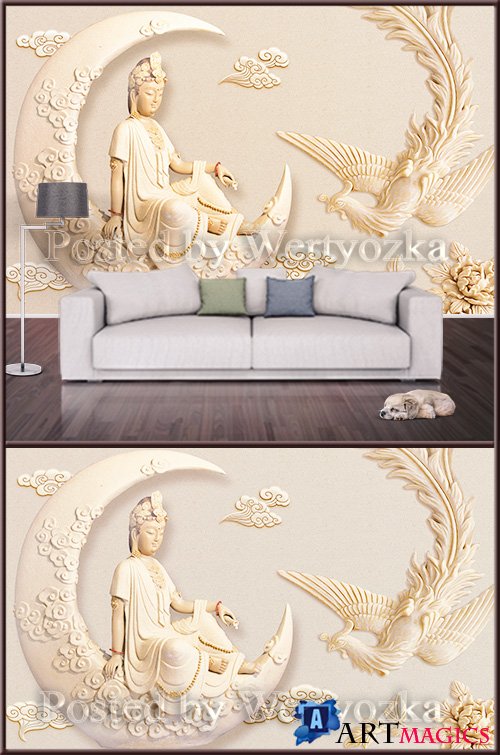3D psd background wall goddess and phoenix