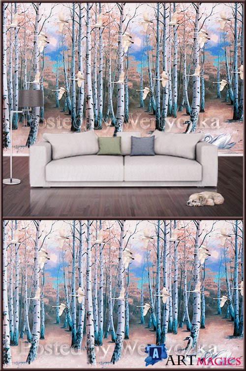 3D psd background wall birch forest