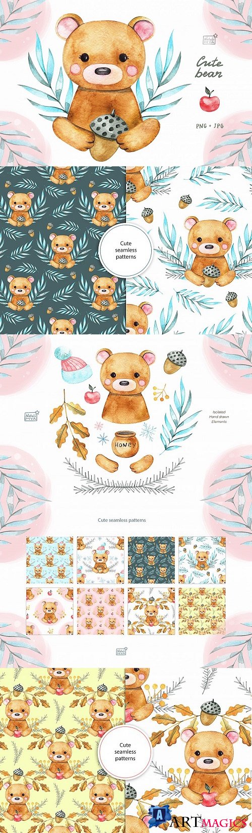 Watercolor cute bear cliparts - 480573