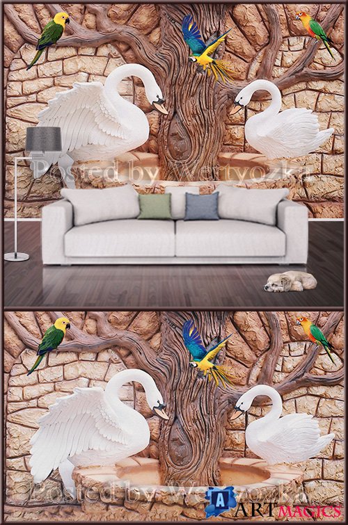 3D psd background wall swans and parrots on a tree